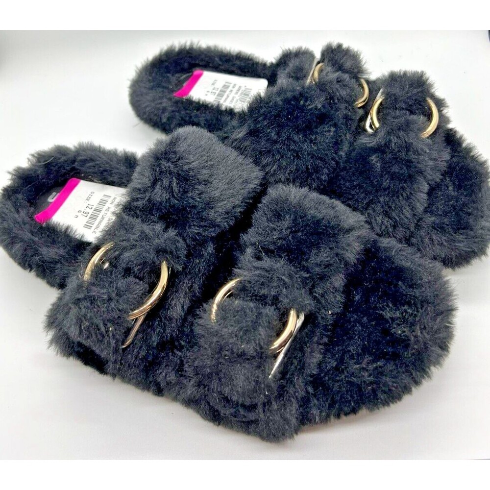 women's 6 J Slides Babee Black Faux Fur gold buckle slipper clog furry shoe cozy